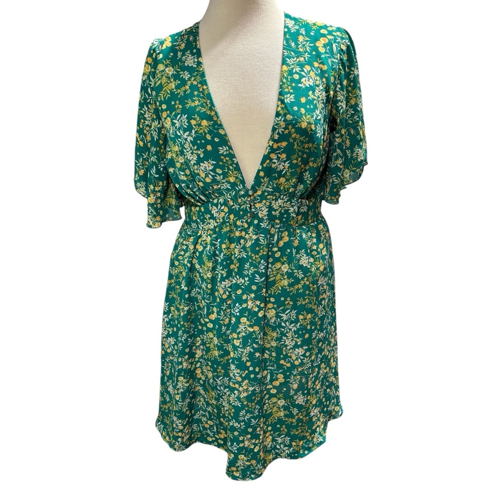 Bailey Blue Green‎ Floral V-Neck Flutter Sleeve Mini Dress Large #287